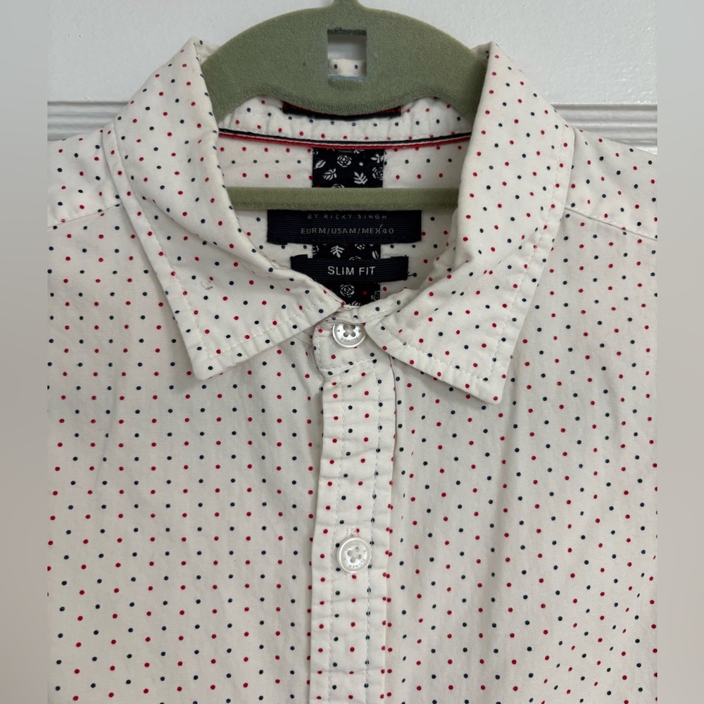 Men’s Denim & Flower short sleeve button down shirt white blue red dots Sz Med